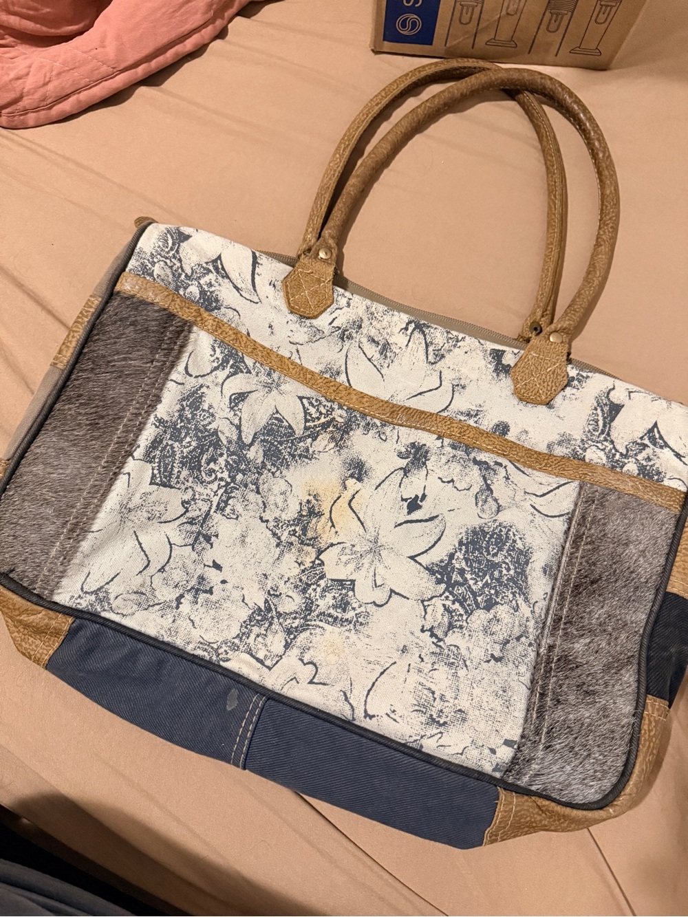 Myra Bag Blue Floral Canvas Tote with Tan Trim